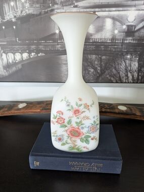 White Satin Glass Floral Bud Vase with Gold Rim